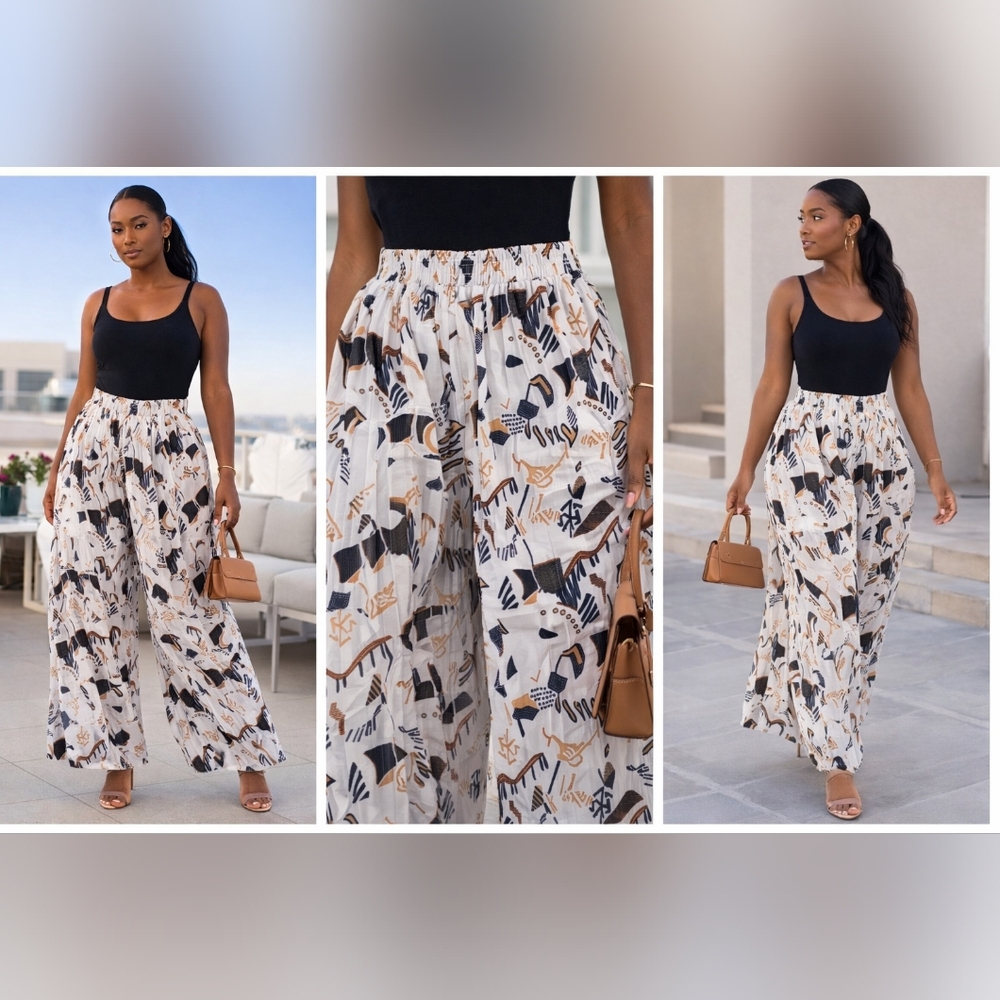 NEW Women’s One Size Boho Wide Leg Palazzo Pants High Waist Flowy NWT